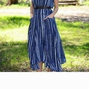 CAbi Blue and White Patterned Midi Dress